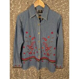Quizz Again‎ & Co Denim Long Sleeve Embroidered Shirt Womens Small
